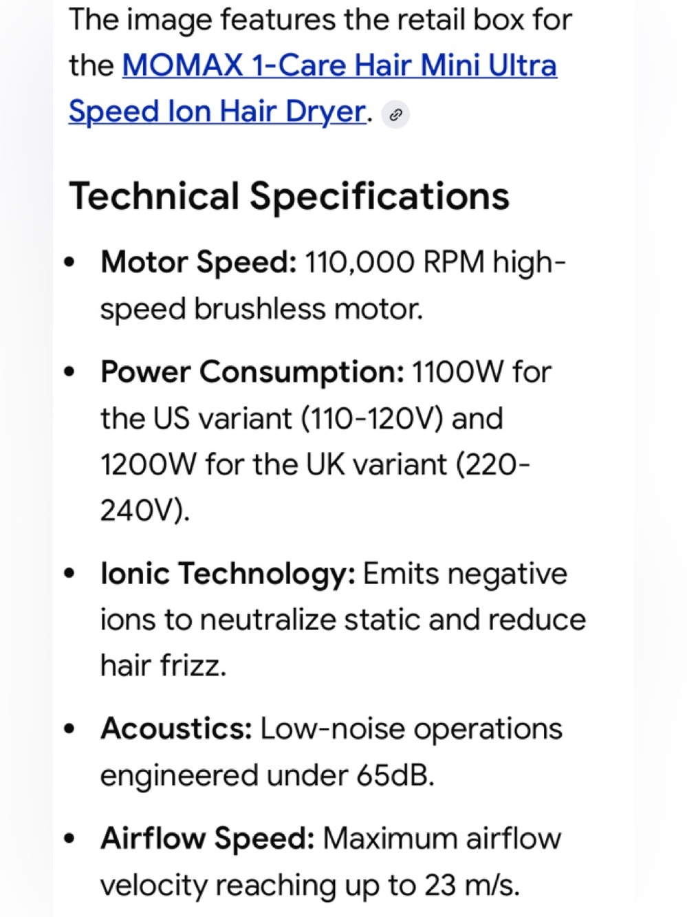 MOMAX-1 Mini Ultra Ion Hair dryer 110,000 RPM Brand New in Box - Picture 4 of 9